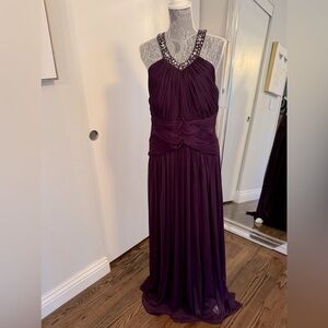 Xscape Jeweled halter style evening gown in aubergine size 18W.